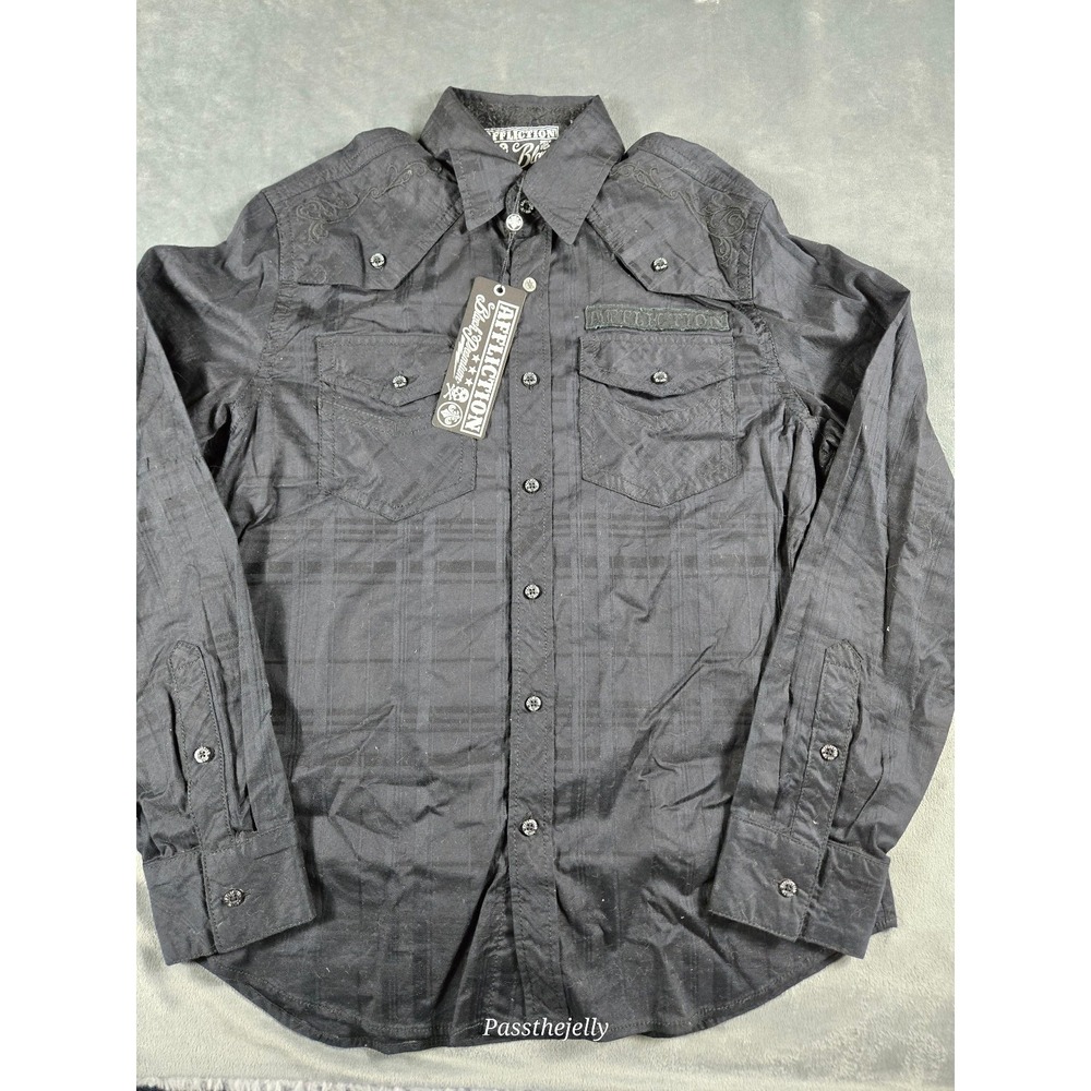 Affliction Shirt Mens Medium Black Premium Athletic Fit Button Embroidered New